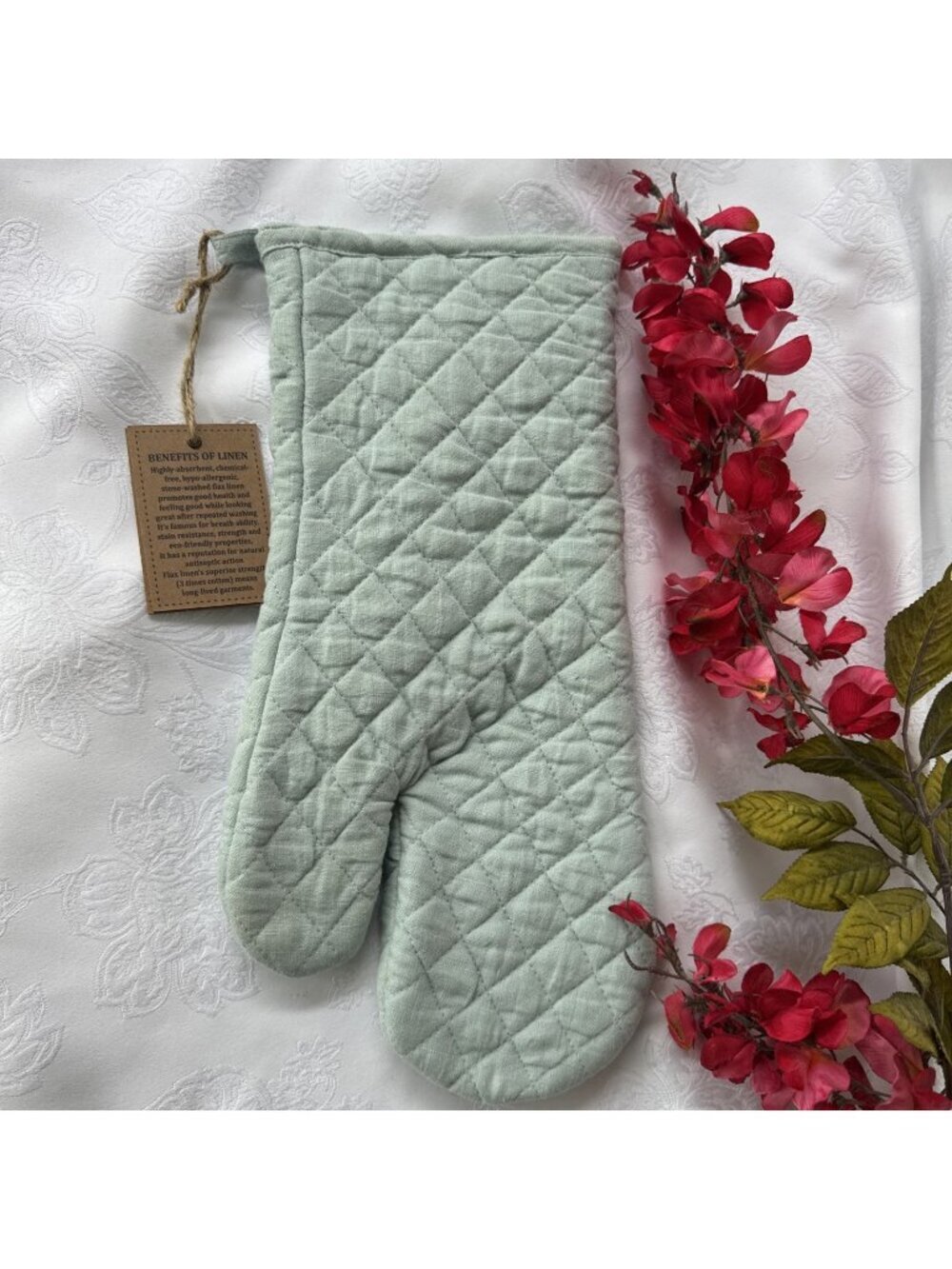 Vikolino Sea Blue Green Linen Quilted Oven Glove Machine Washable 12.5" x 7" NEW